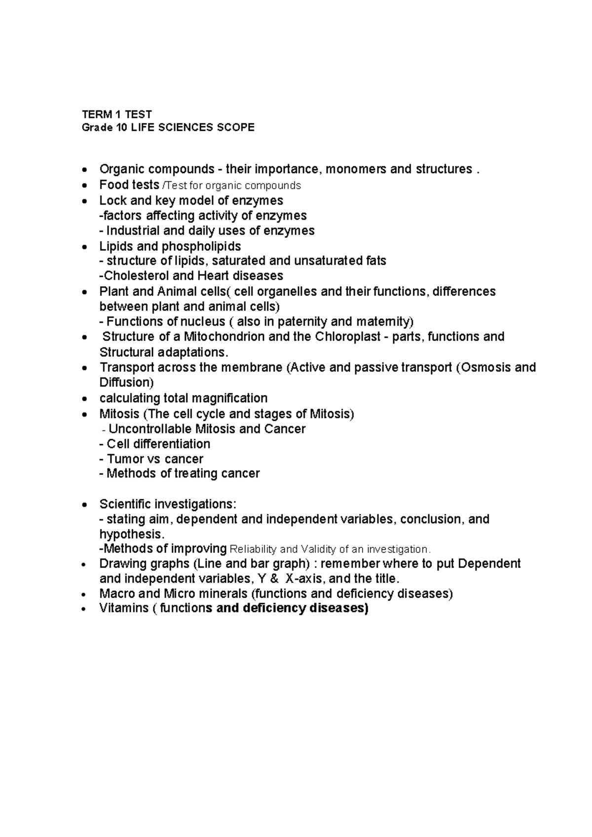 Grade 10 LIFE SCIENCES TERM 1 Test Scope: Organic Compounds & Cells ...