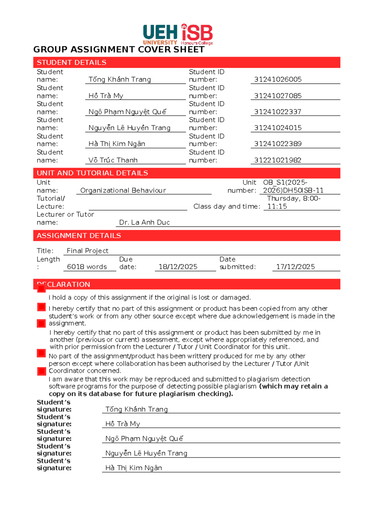 OB_S1 Group Assignment Cover Sheet - Final Project Details - Studocu