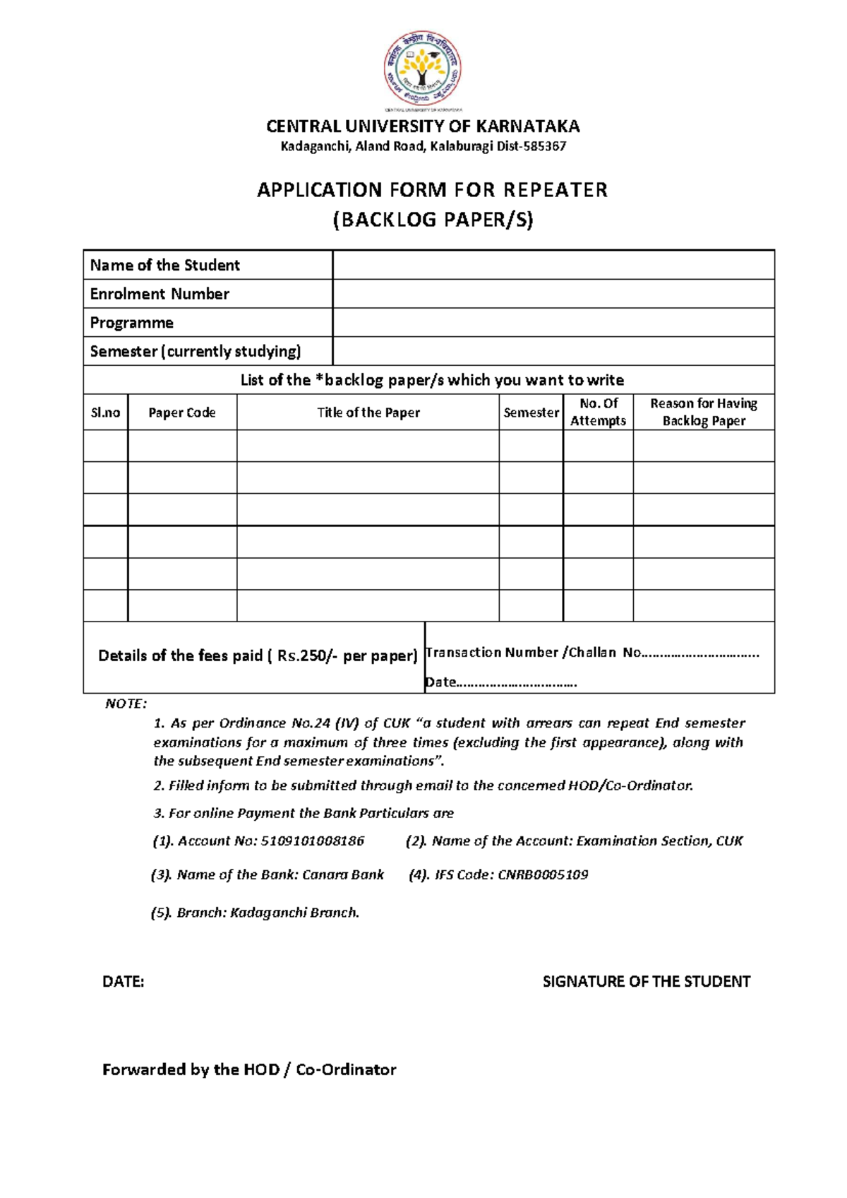 Backlog Application Form for Repeater Students - CUK - Studocu