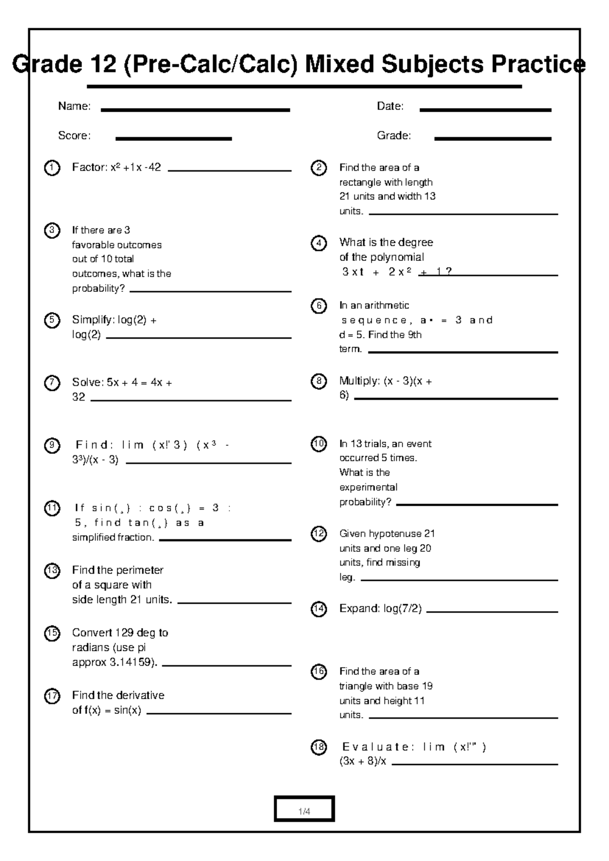 Grade 12 Math Mixed Subjects Practice (Calc) - Studocu