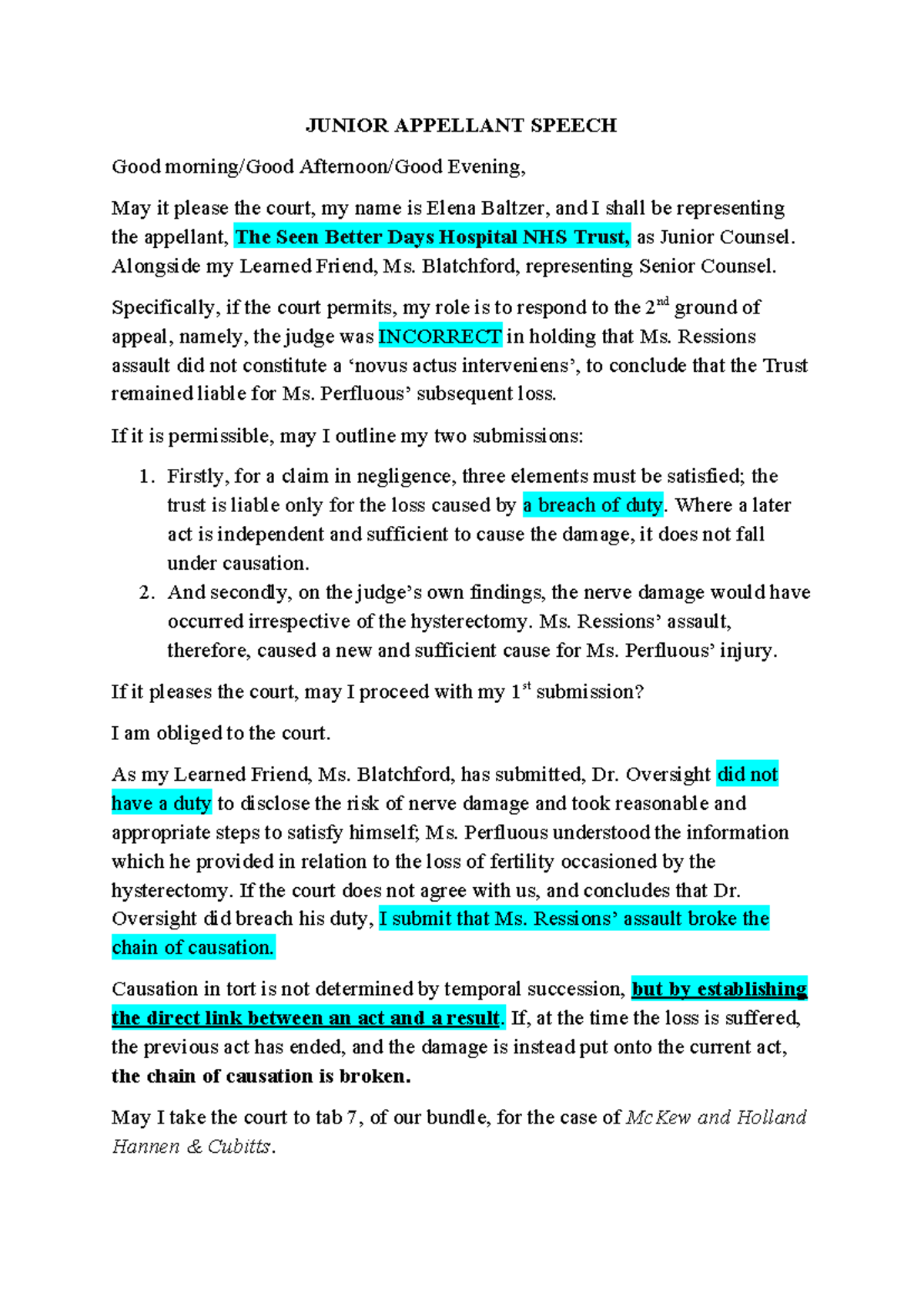 JUNIOR APPELLANT SPEECH: Legal Arguments on Causation in Tort - Studocu