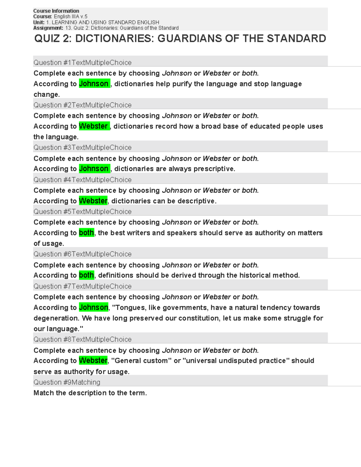 English IIIA: Quiz 2 - Dictionaries as Guardians of Standards