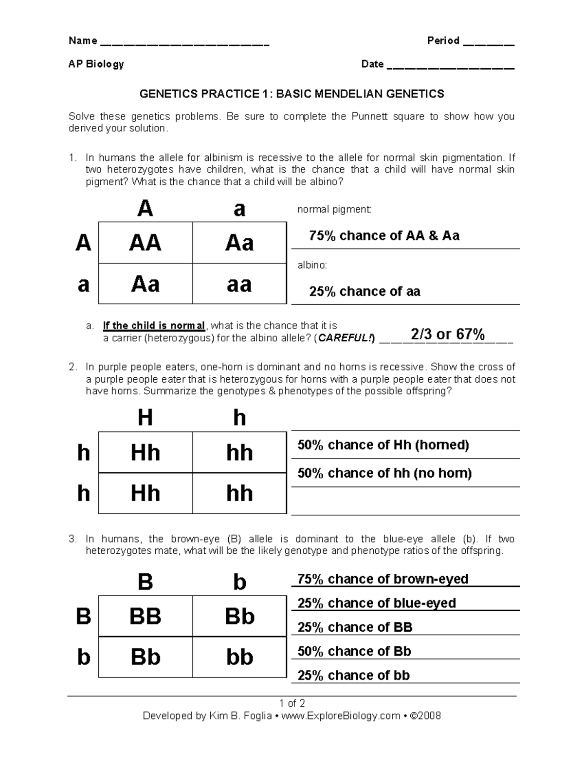 AP Biology Genetics Practice Answers: Mendelian Questions & Solutions ...