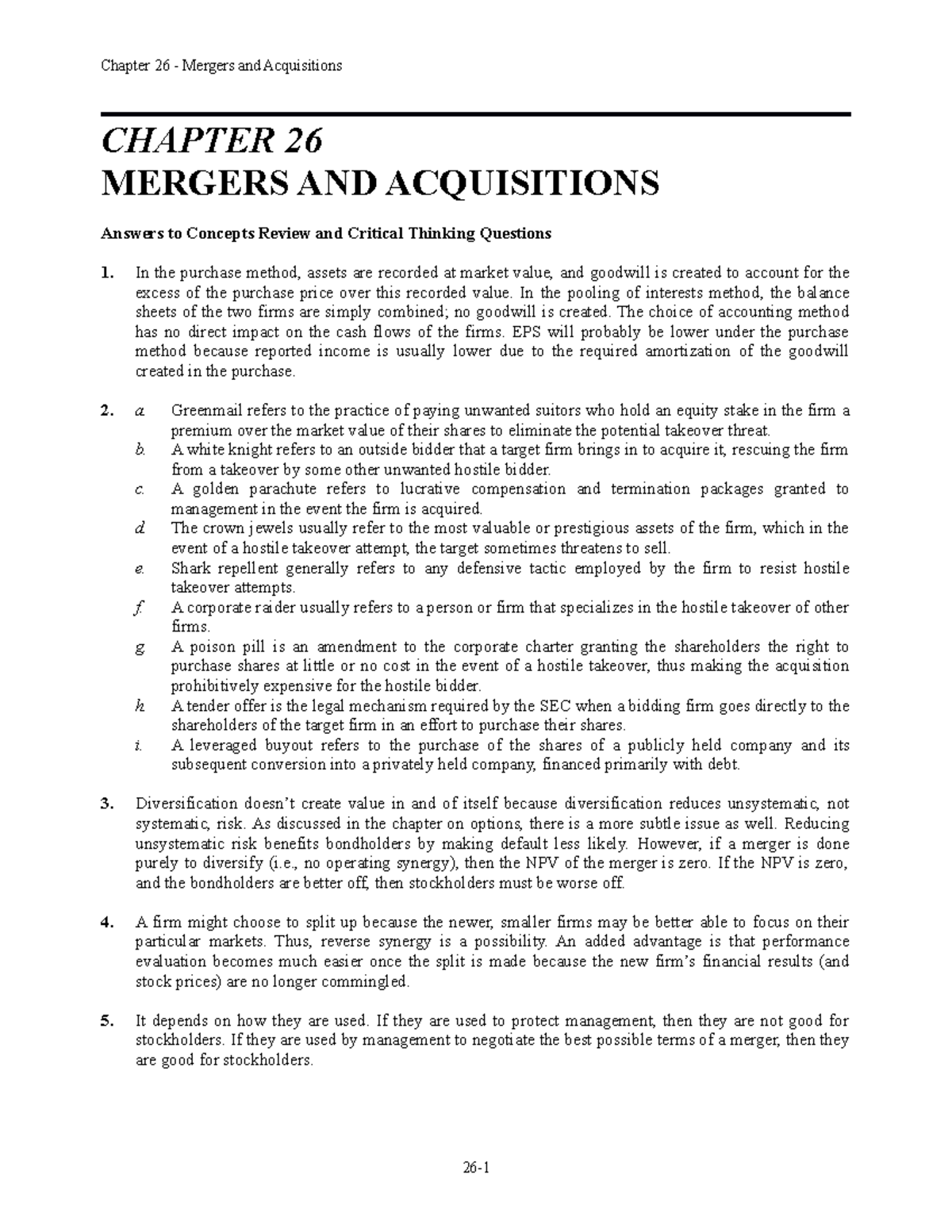 Chap026 - Finance Notes - CHAPTER 26 MERGERS AND ACQUISITIONS Answers ...