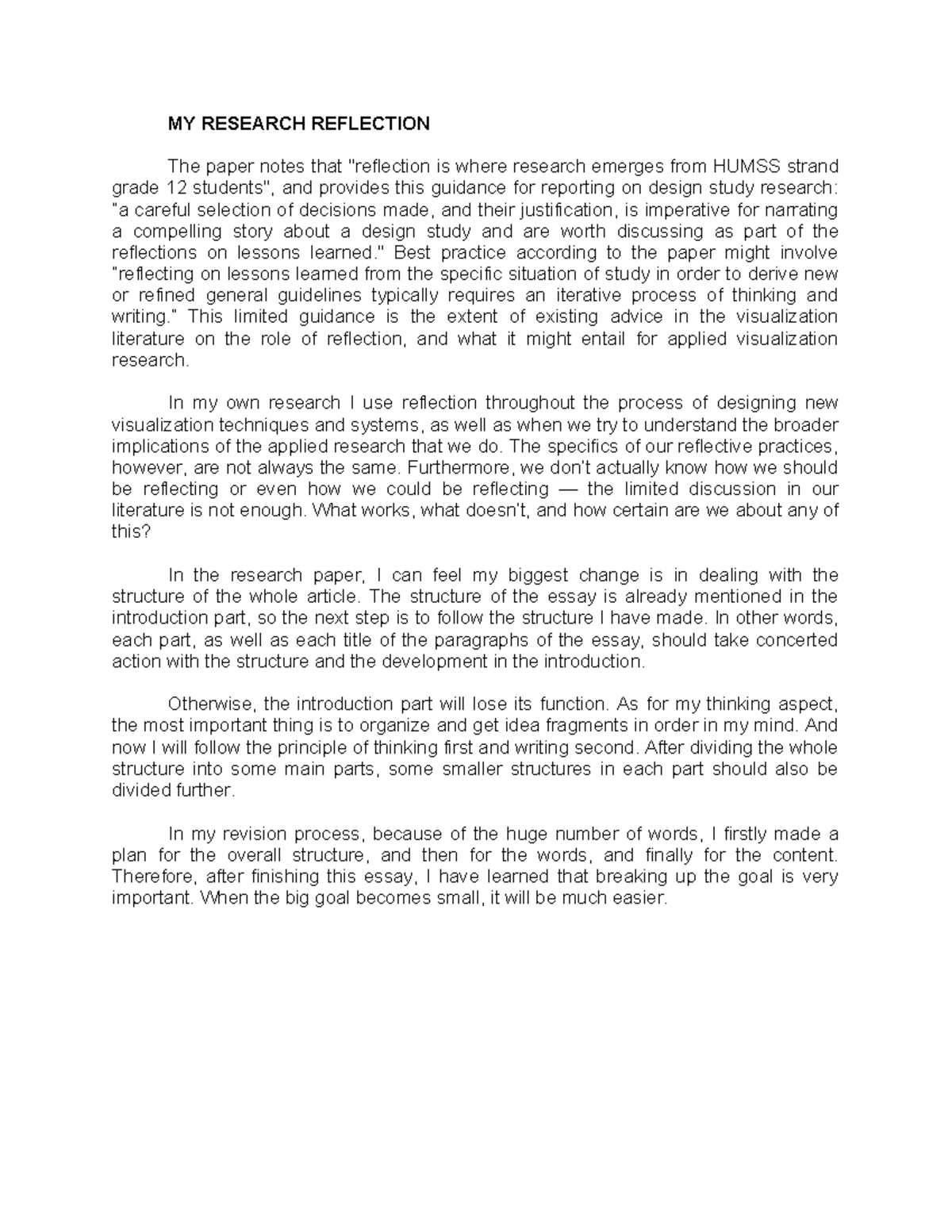MY Research Reflection - MY RESEARCH REFLECTION The paper notes that ...
