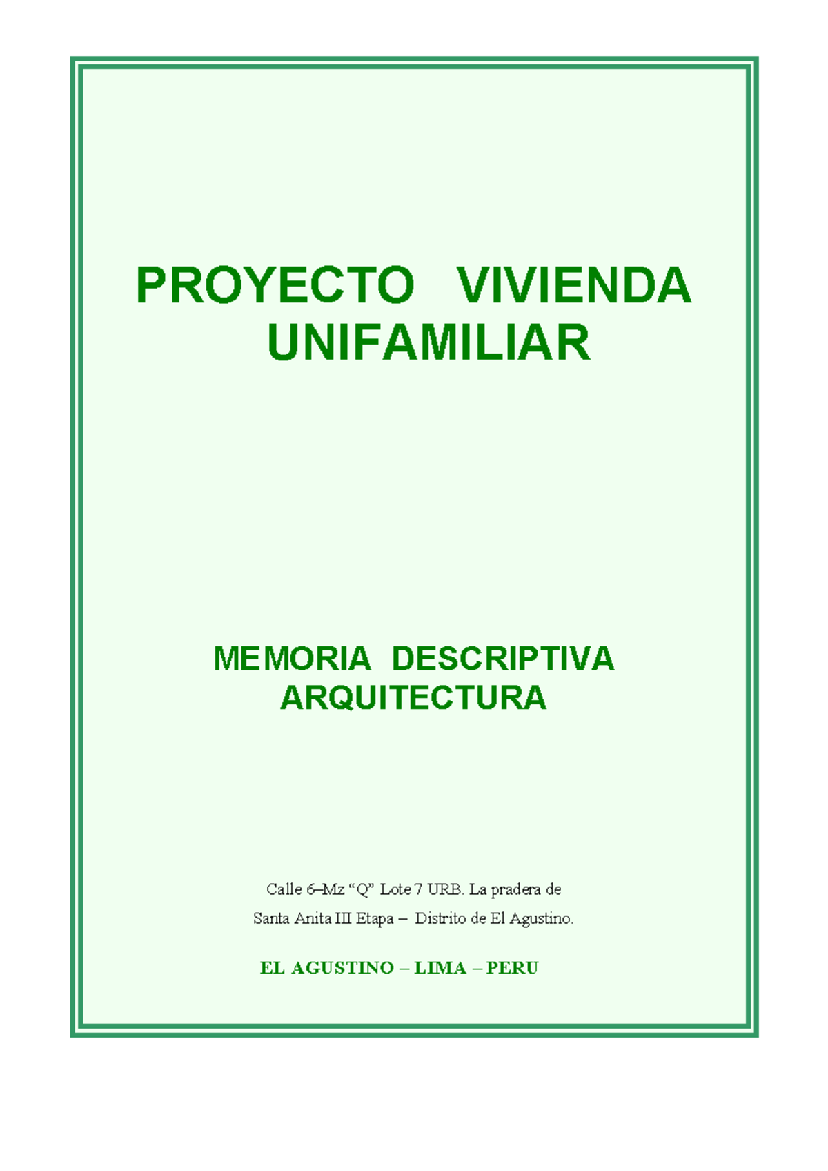 Proyecto Vivienda Unifamiliar - Memoria Descriptiva y Planos - Studocu