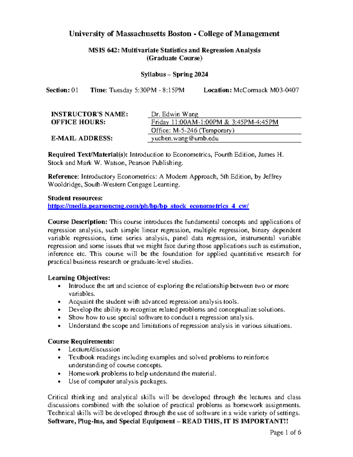 Syllabus for MSIS 642: Multivariate Stats & Regression Analysis ...
