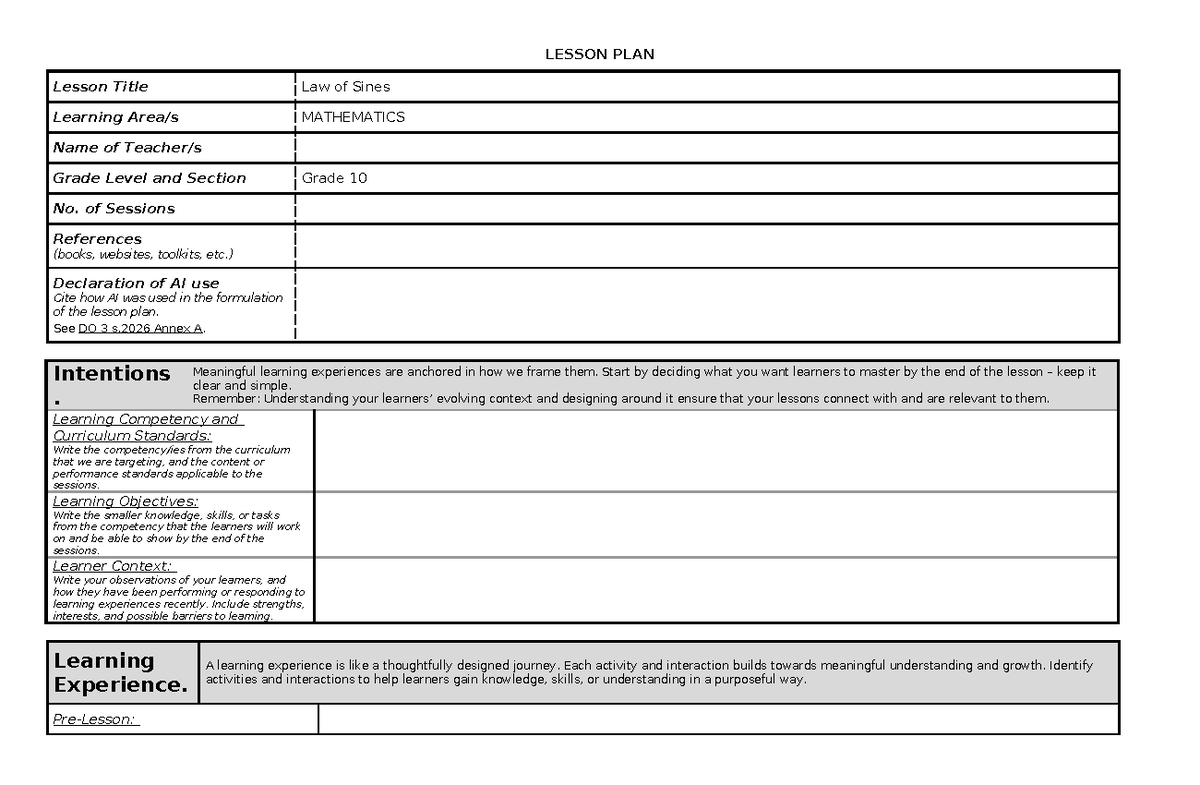 Grade 10 Mathematics Lesson Plan: Law of Sines Overview - Studocu