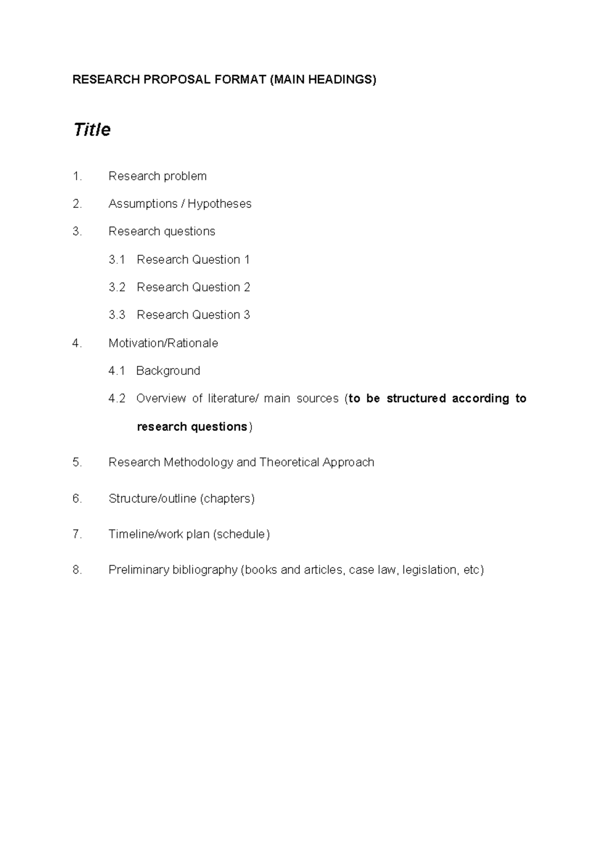 Research Proposal Format - RESEARCH PROPOSAL FORMAT (MAIN HEADINGS ...