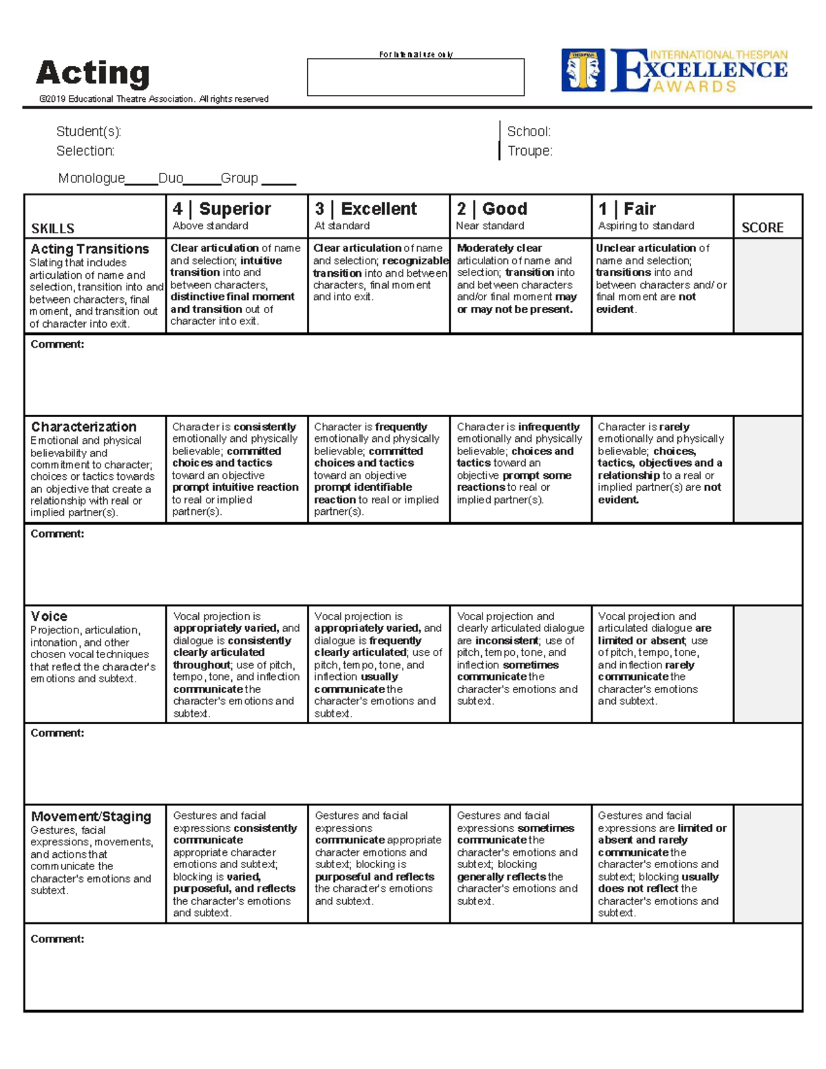 Acting Rubric for Performance Assessment: Skills & Scoring Guide - Studocu