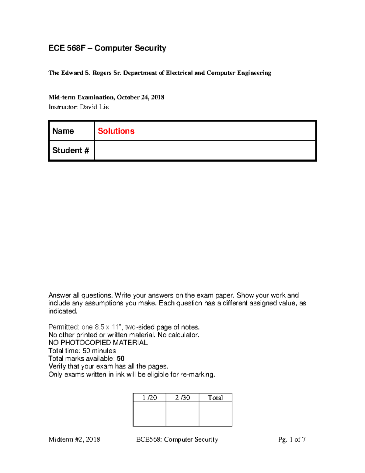 ECE568F-2018 Midterm Exam 2 Solutions: Computer Security Analysis - Studocu