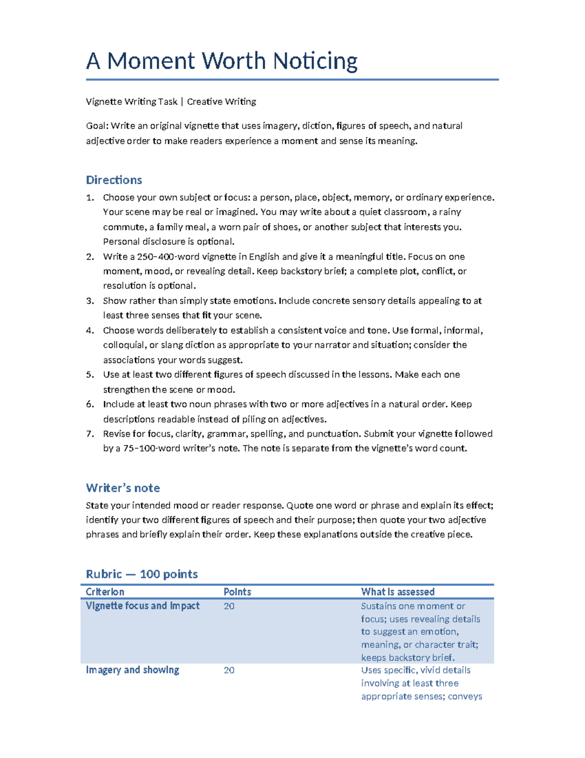 Vignette Writing Task (Creative Writing) - Guidelines & Rubric - Studocu
