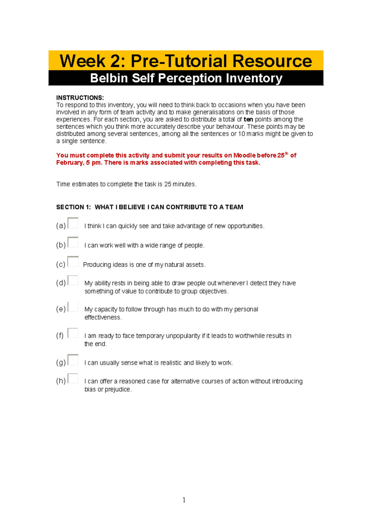 Week 2: Belbin Self Perception Inventory Survey Instructions - Studocu