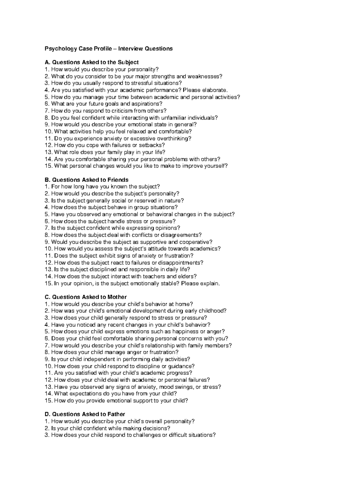 Psychology Case Study Interview Questions: Comprehensive Guide - Studocu