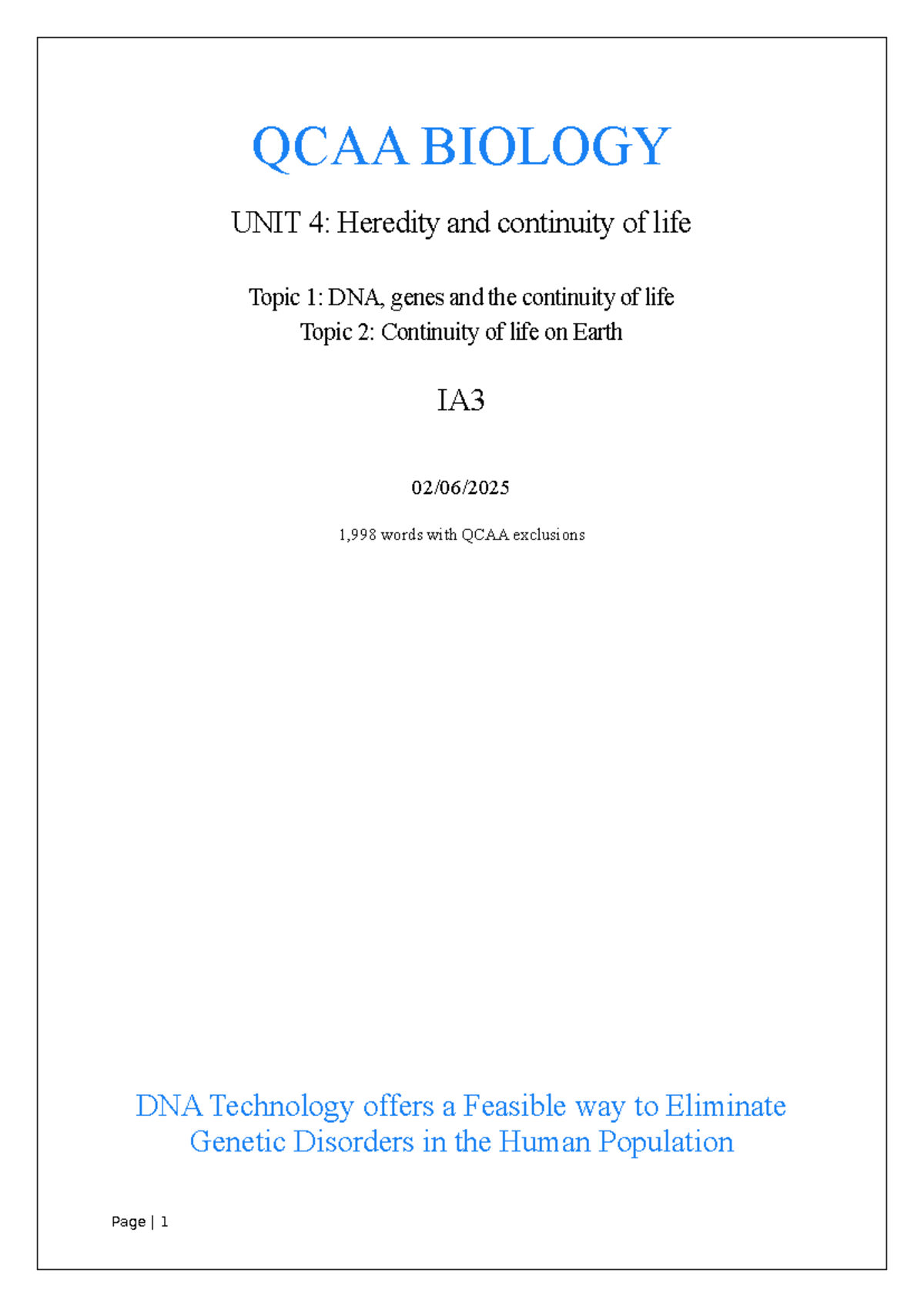 QCAA BIOLOGY IA3 2025: CRISPR Technology in Treating Genetic Disorders ...