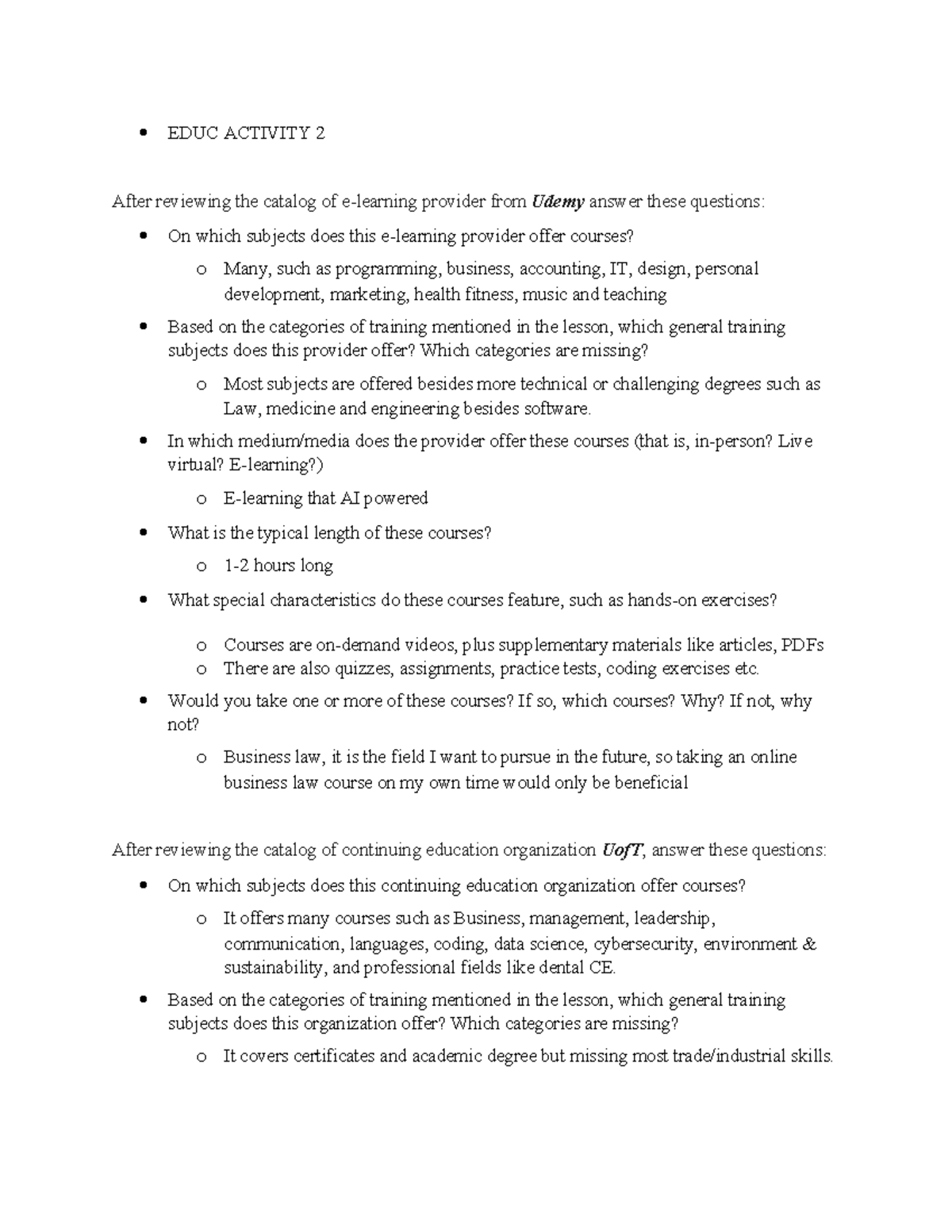 EDUC Activity 2 - Course Offerings from Udemy & UofT Analysis - Studocu