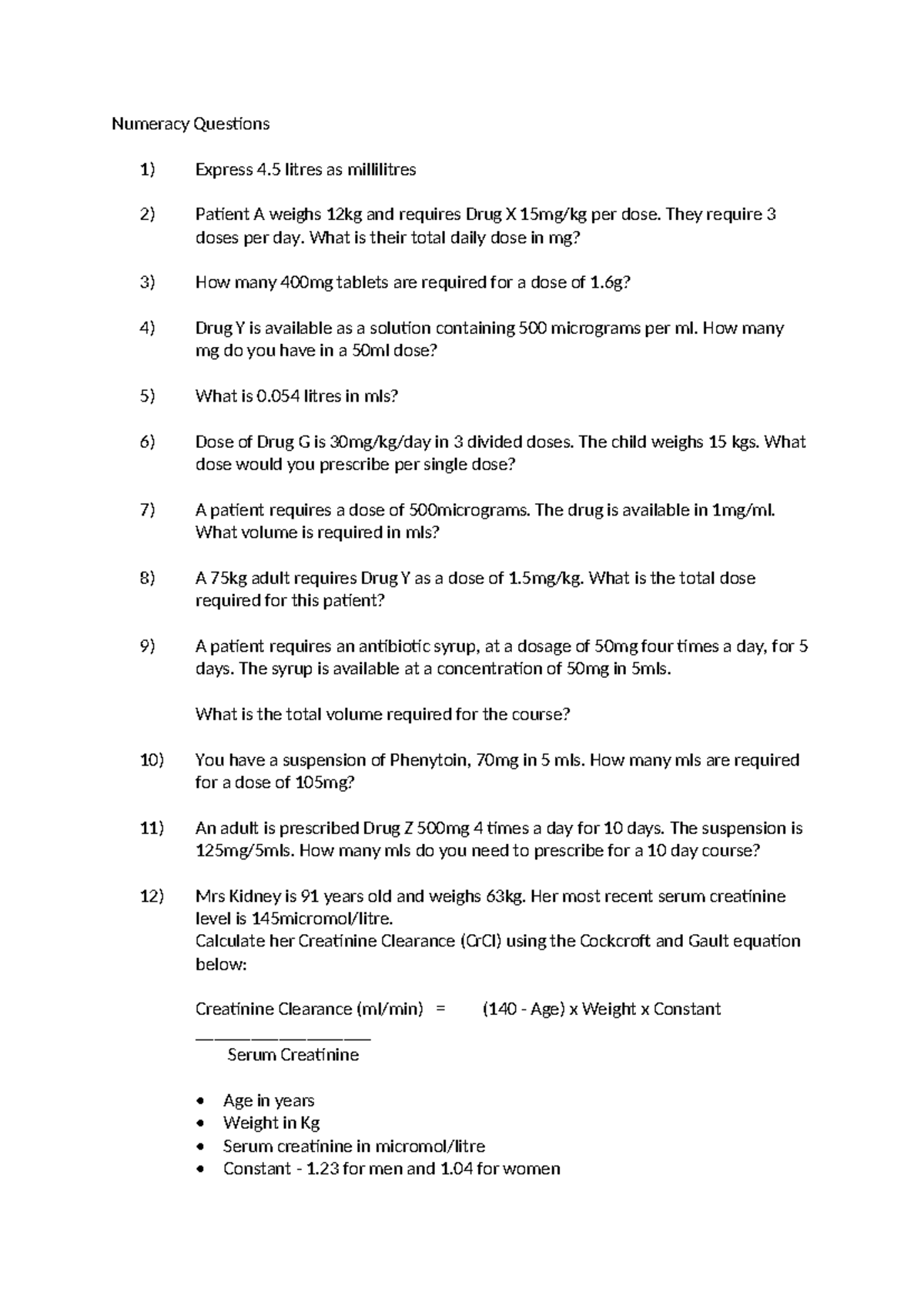 Practice Numeracy Questions 1 - Dosage Calculations and Conversions ...
