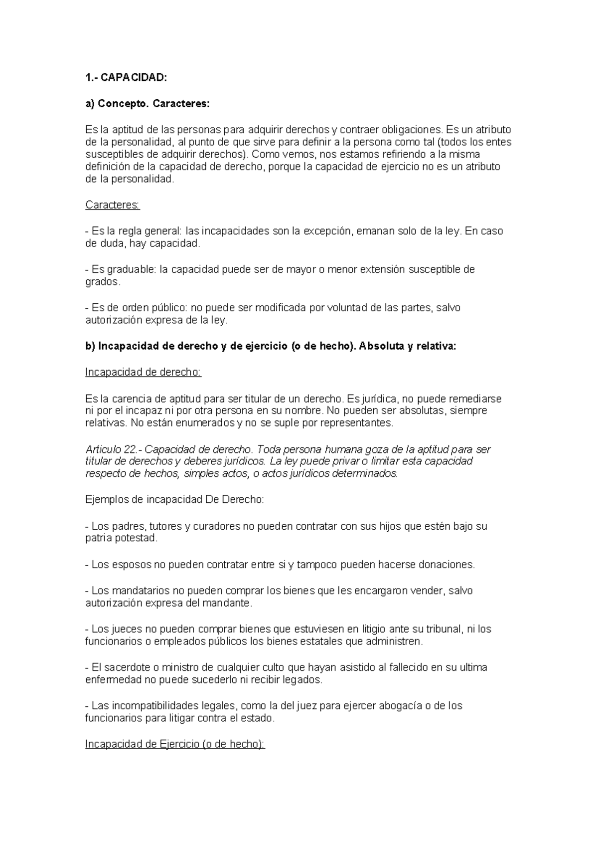 Capacida y patrimonio - 1.- CAPACIDAD: a) Concepto. Caracteres: Es la ...