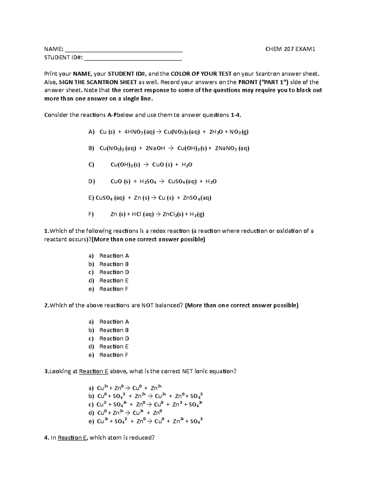 Old Exam - Chemistry 207 Comprehensive Practice Exam - Studocu