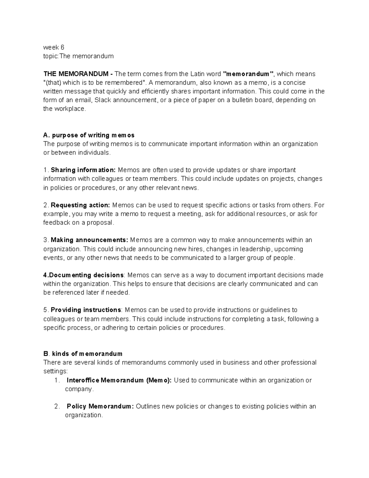 Memorandum Overview - Week 6 Lecture Notes (Group 6) - Studocu