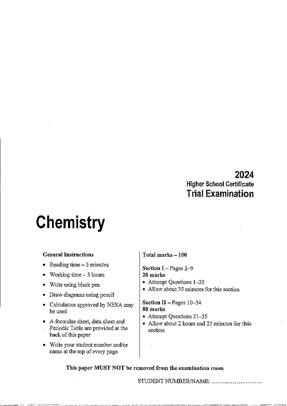 2024 HSC Trial Exam Chemistry General Instructions & Questions - Studocu