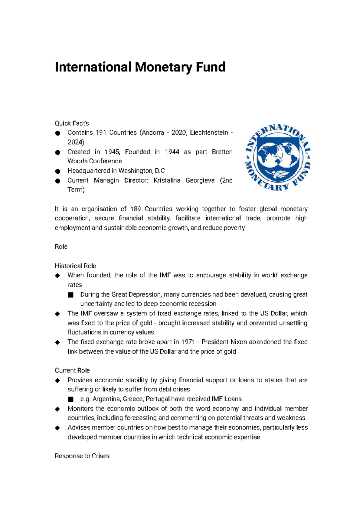 International Monetary Fund (IMF) Overview and Critiques (2023) - Studocu