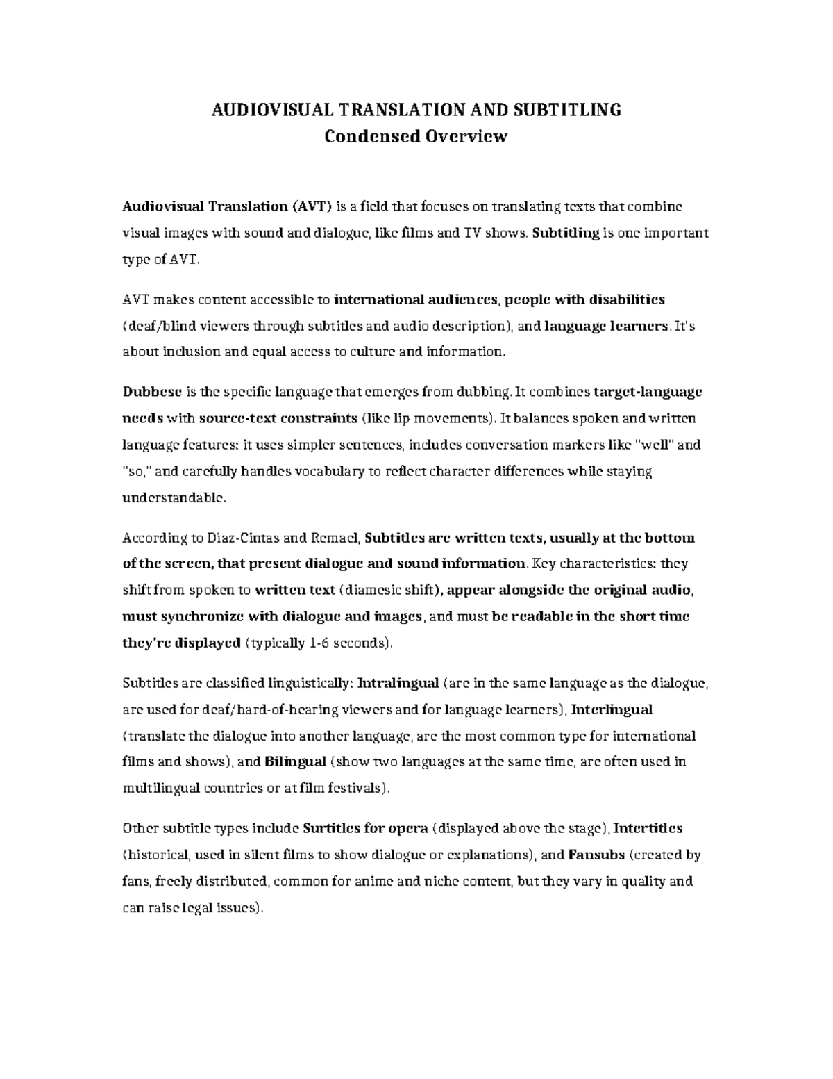 AVT 101: Overview of Audiovisual Translation & Subtitling - Studocu