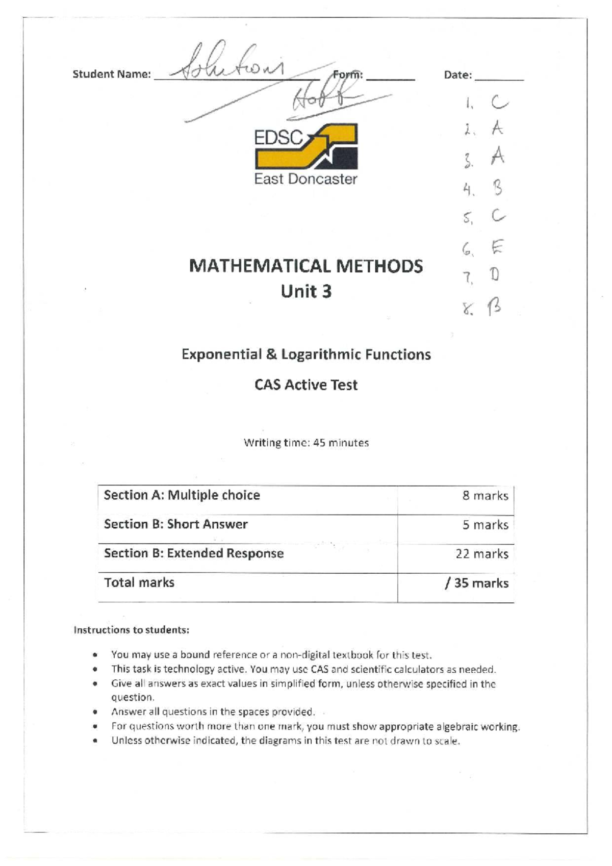 2024 Exp & Log CAS Test v2 Solutions for Mathematical Methods - Studocu