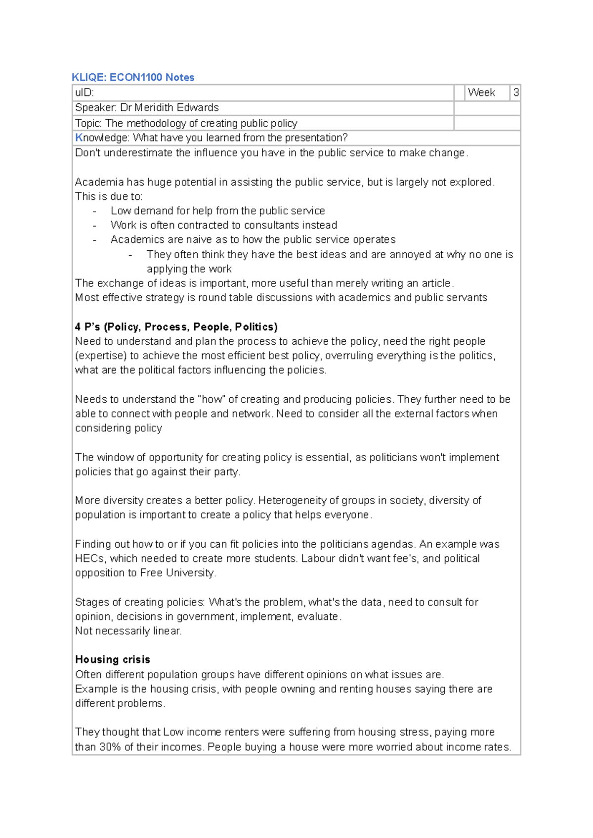 Notes on week 3 Lecture - KLIQE: ECON1100 Notes uID: Week 3 Speaker: Dr ...