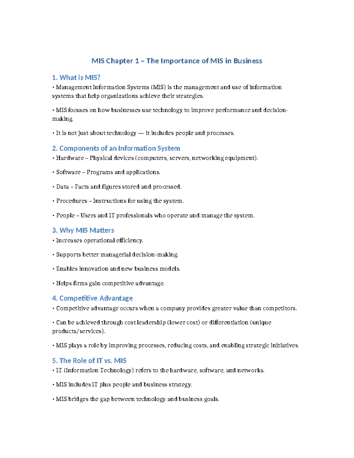 MIS Chapter 1 Summary: The Role of MIS in Business Strategy - Studocu