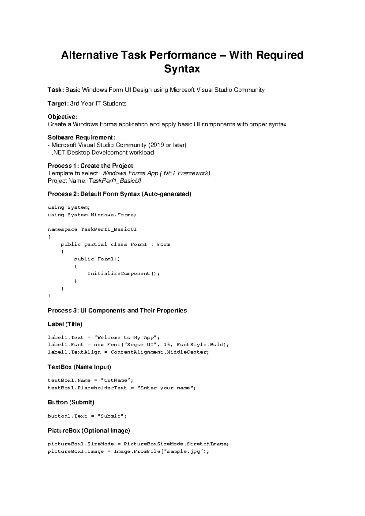 Alternative Task Performance: Basic UI Design in Visual Studio for IT ...