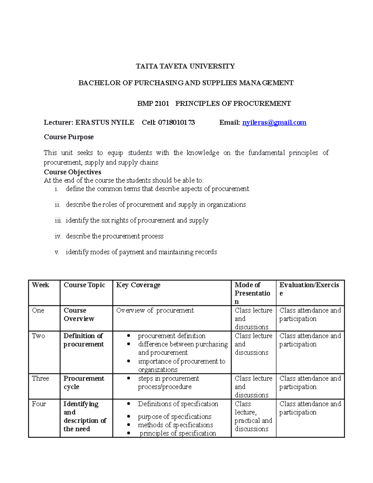 BMP 2101 Principles of Procurement - Course Outline and Objectives ...