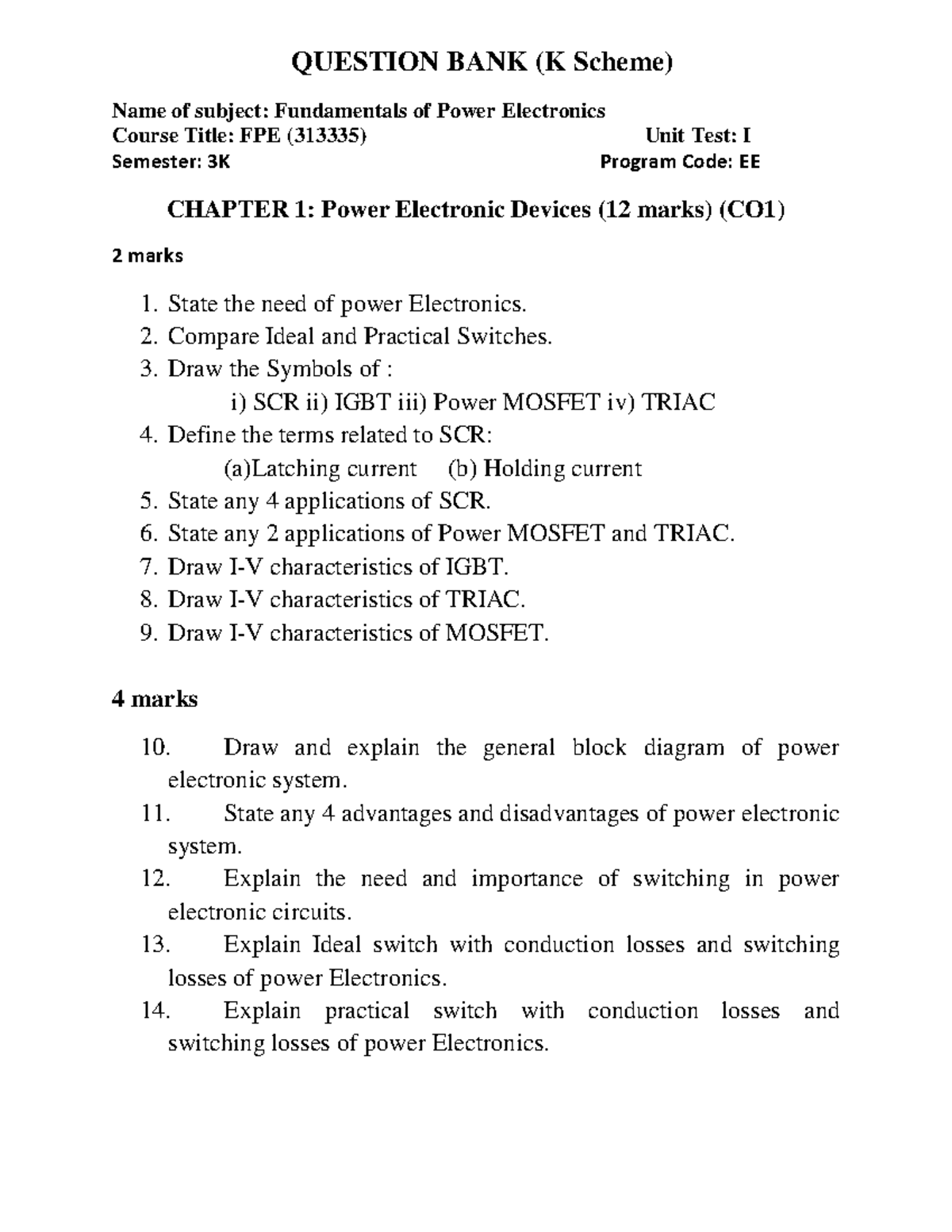 FPE Unit Test I Question Bank: Power Electronics (K Scheme) - Studocu