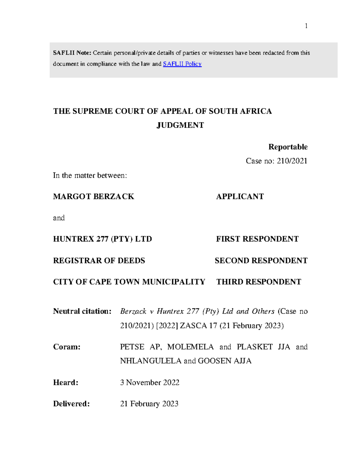 Case Study: Berzack v Huntrex 277 (Pty) Ltd - SCA Judgment Analysis ...