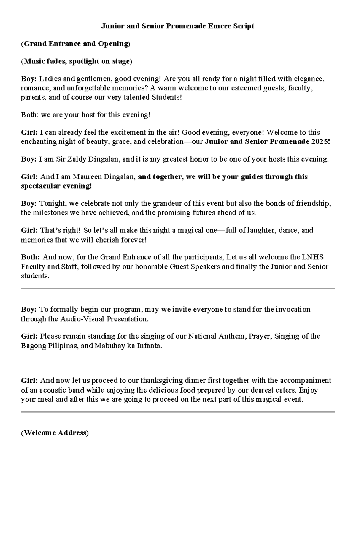 Junior and Senior Promenade 2025 Emcee Script for Grand Entrance - Studocu