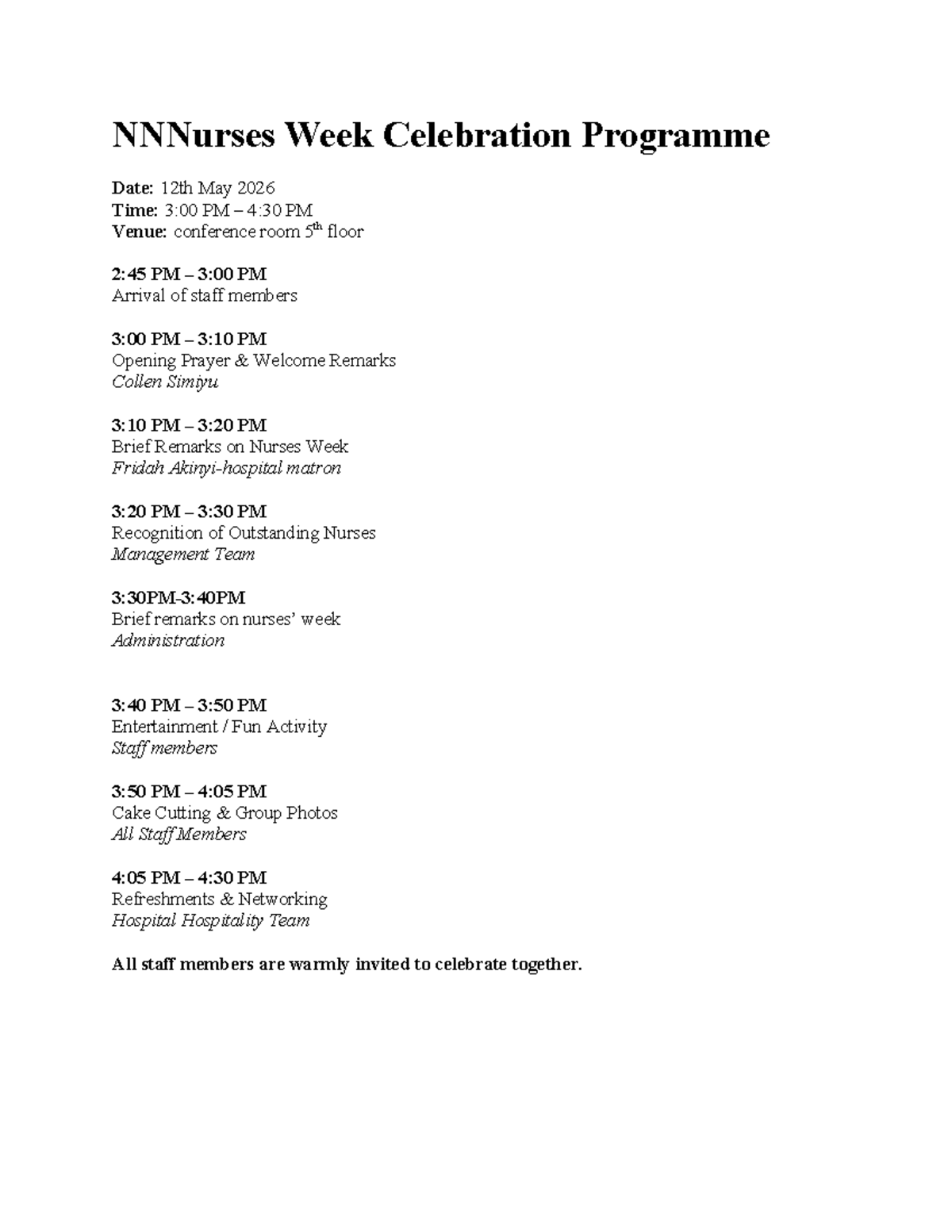 Nurses Week Celebration Programme - NNNurses Week Celebration Programme ...