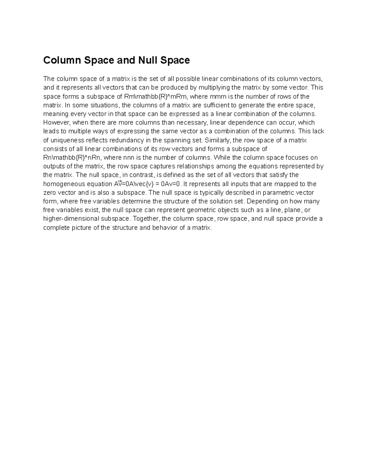 Linear Algebra: Column Space and Null Space Explained - Studocu