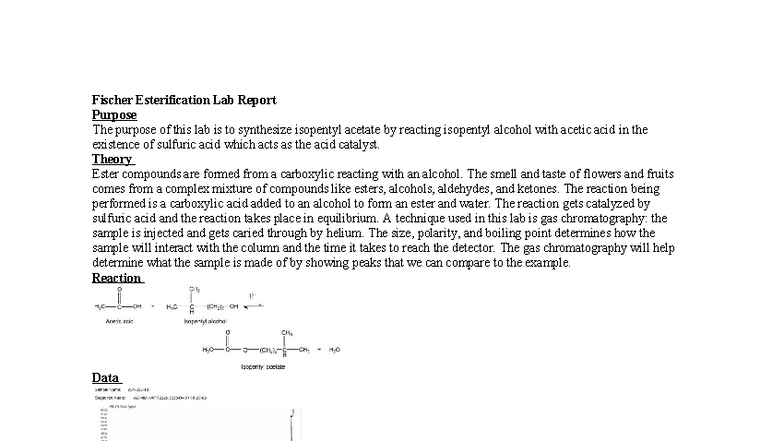 Fischer Esterification Lab Report: Synthesis of Isopentyl Acetate - Studocu