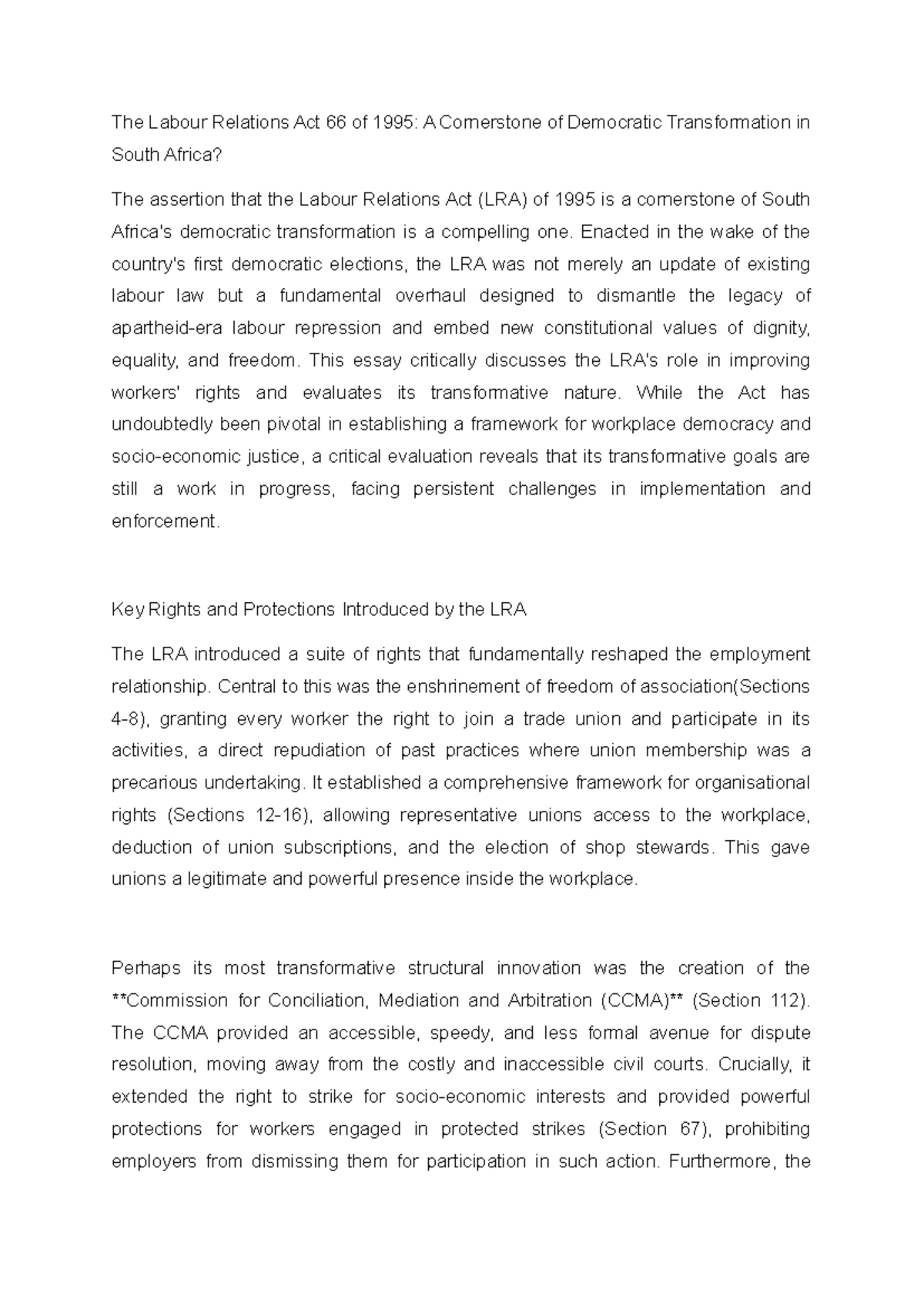 The Labour Relations Act 66 of 1995: Transforming South Africa's ...