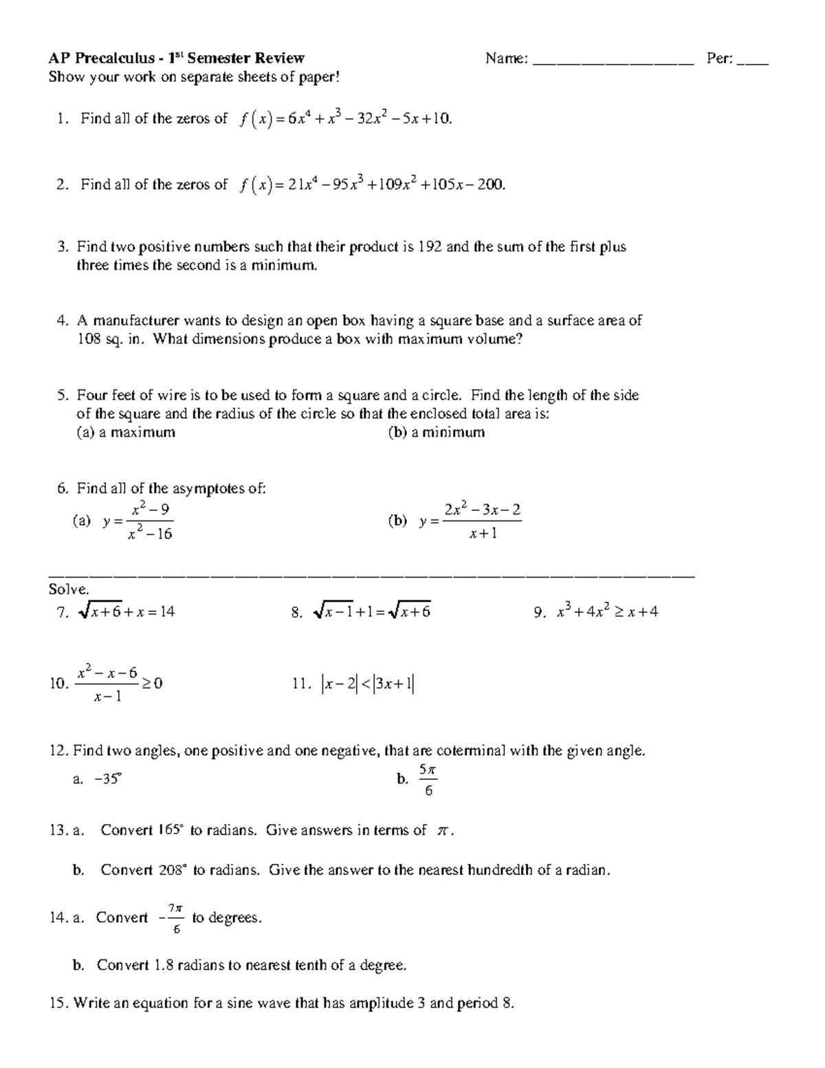 AP Precalculus 1st Semester Review Problems and Solutions - Studocu