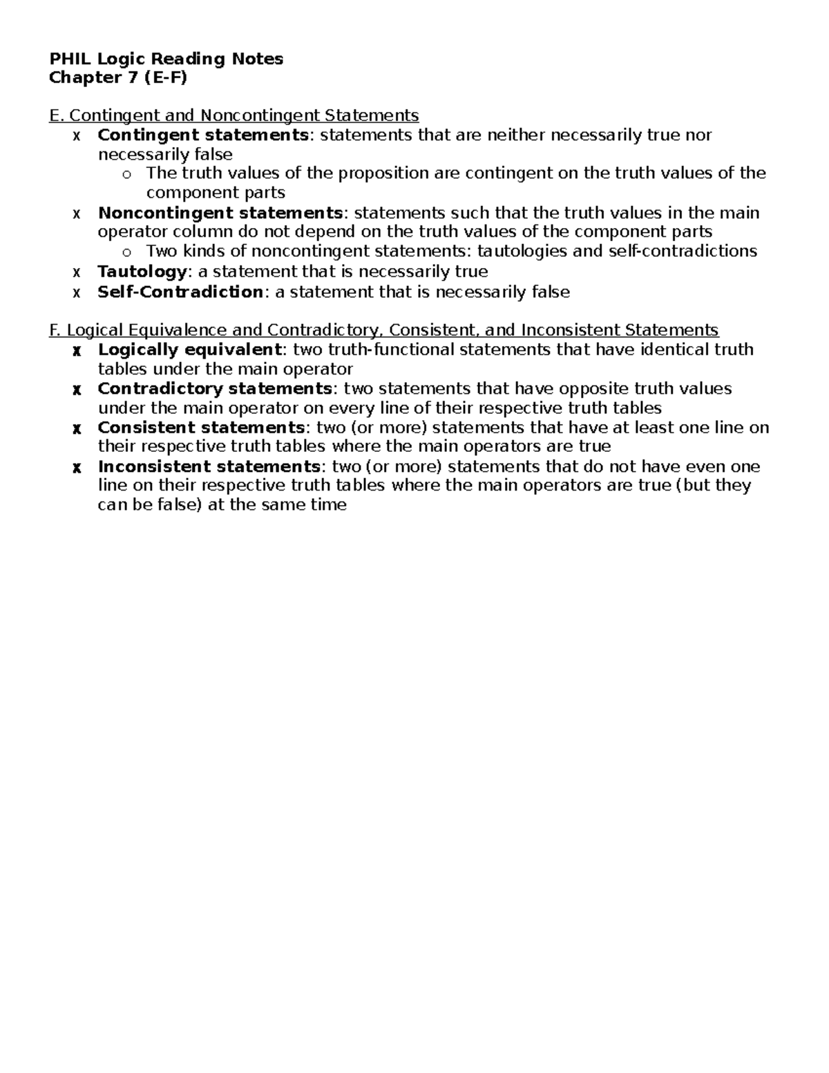 PHIL Logic Chapter 7 (E-F) - Contingent & Noncontingent Statements ...