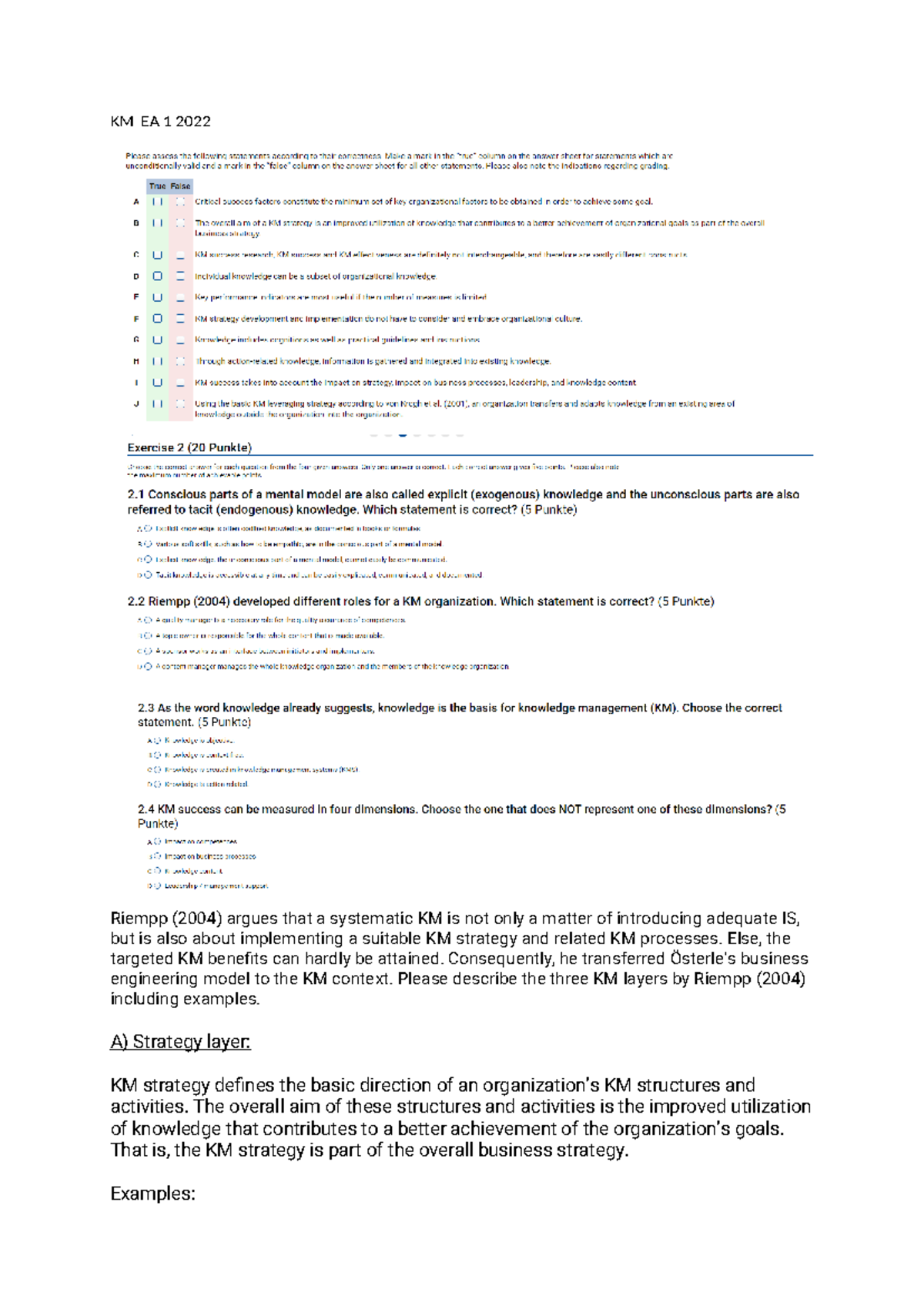 KM EA 1 2022: Understanding Riempp's Knowledge Management Layers - Studocu
