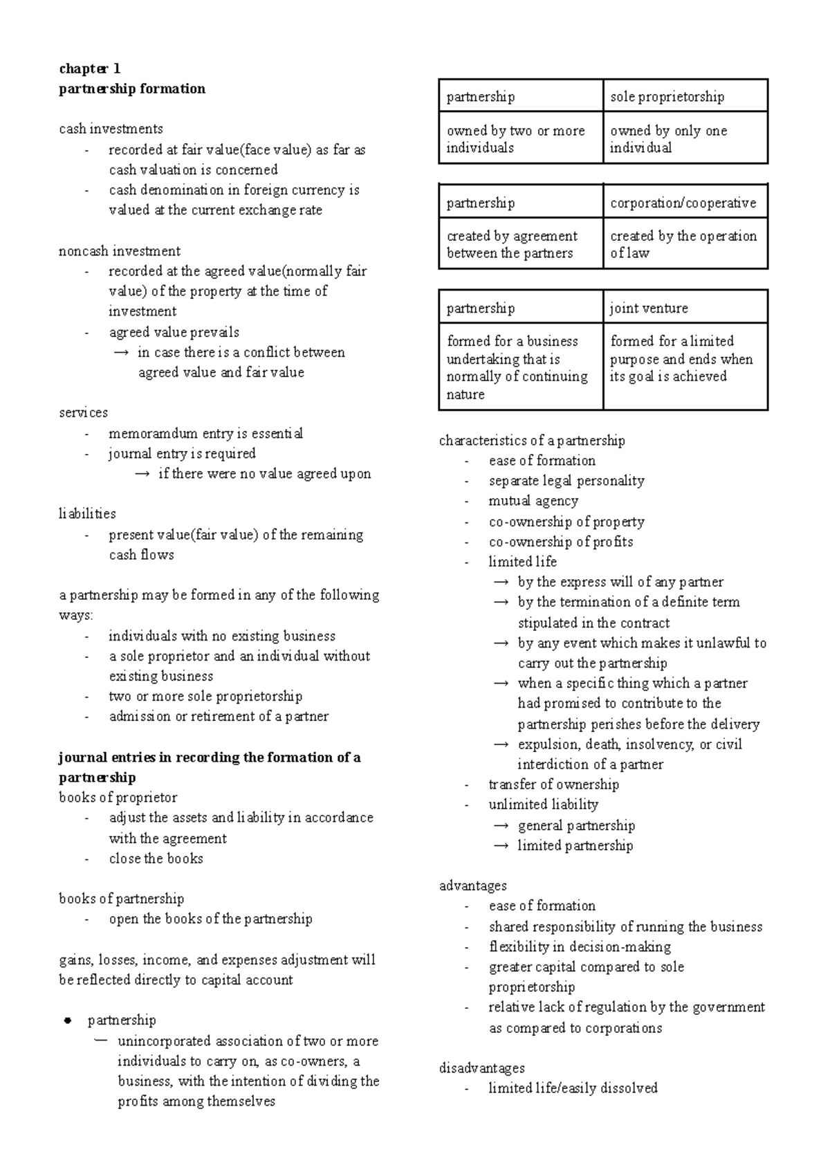 Partnership Formation Notes: Cash Investments & Valuation (Chapter 1 ...