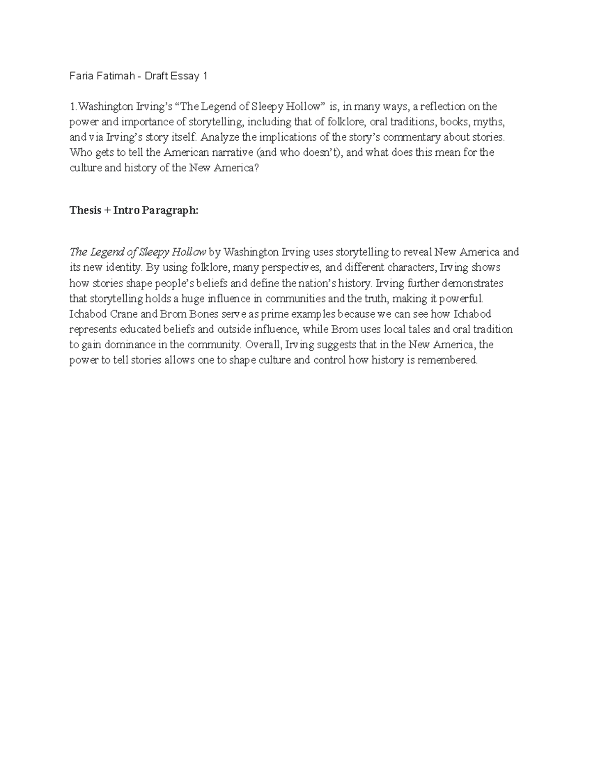 ENG 101 Draft Essay 1: Analyzing Storytelling in "Sleepy Hollow" - Studocu