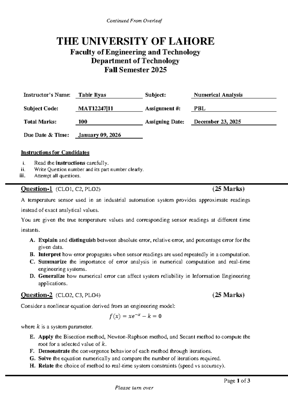 Numerical Analysis Assignment PBL - The University of Lahore - Studocu