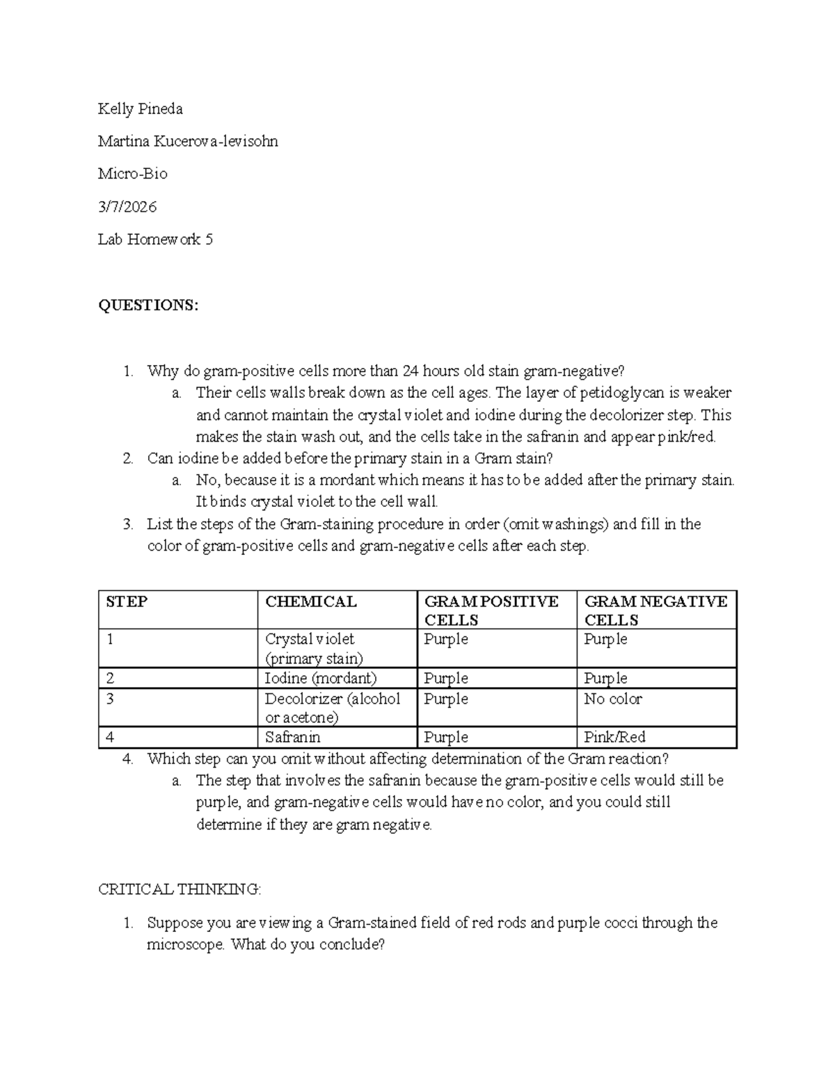 Lab HW 5 - Gram Staining Procedure and Analysis Questions - Studocu