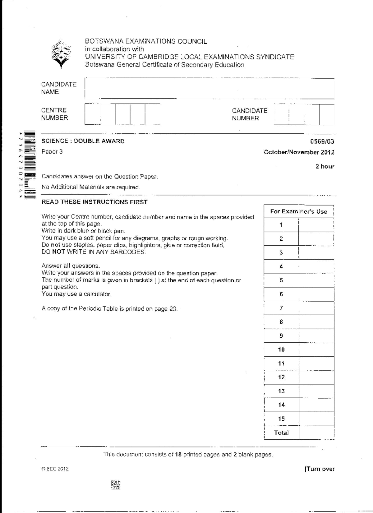Bgcse Double Award Science Paper 3 Exam 2012 - SDA - Studocu