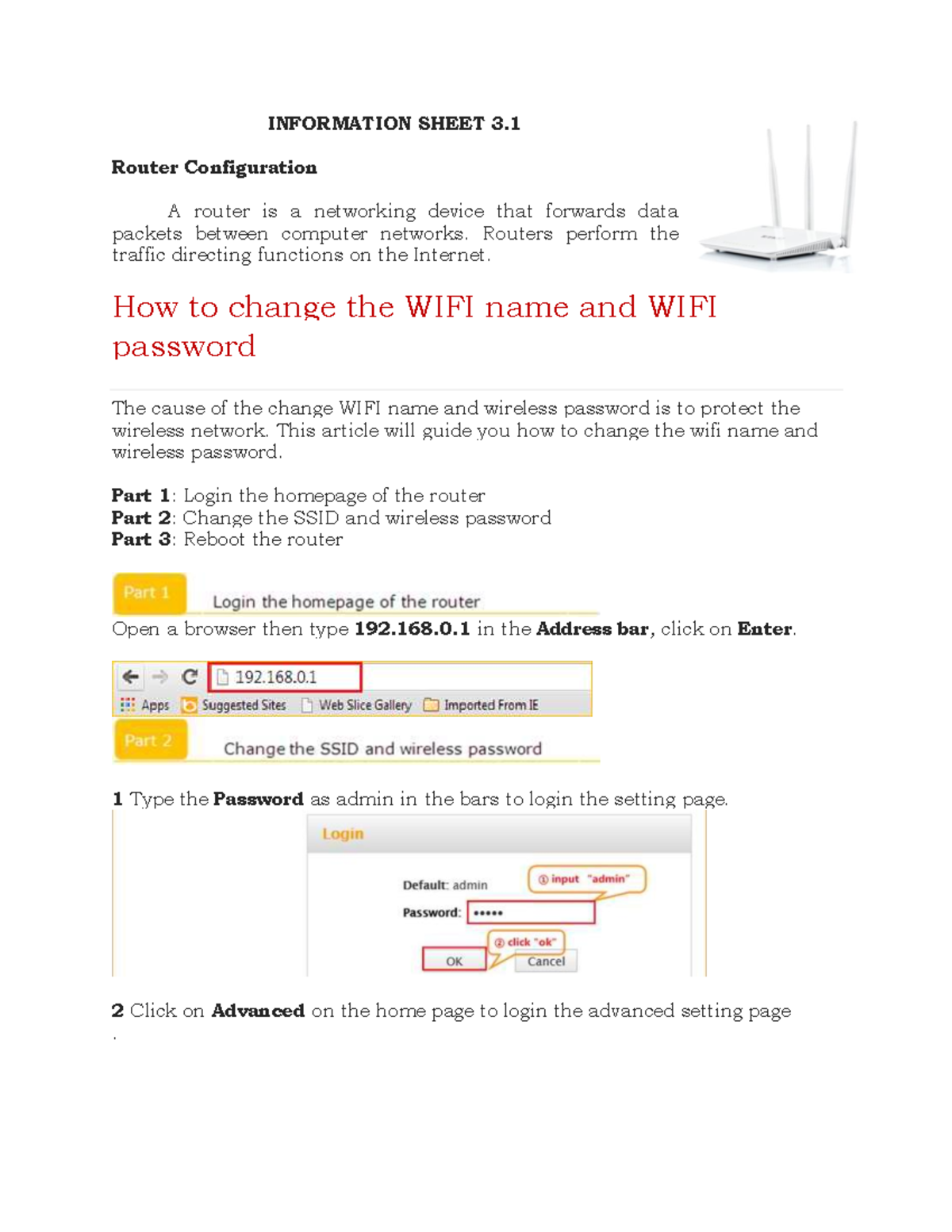 Router Configuration Information Sheet 3.1: Changing WIFI Settings ...