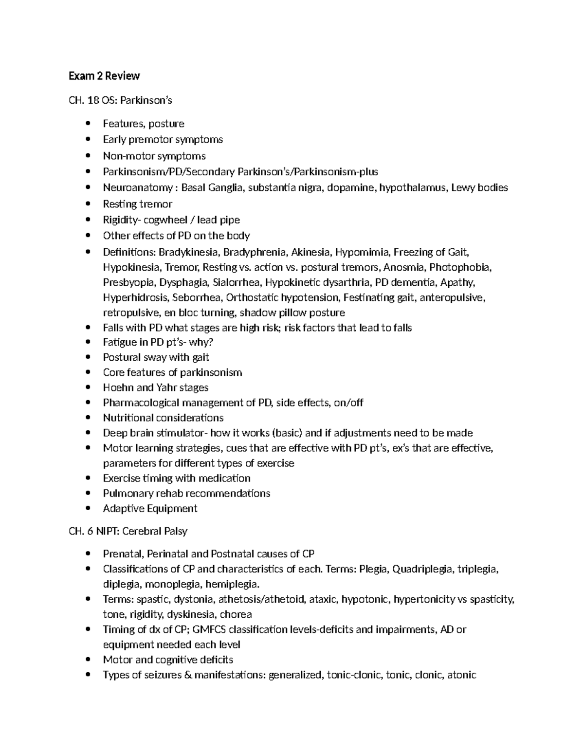Exam 2 Review: Key Concepts in Neuro & Pediatric Therapy - Studocu