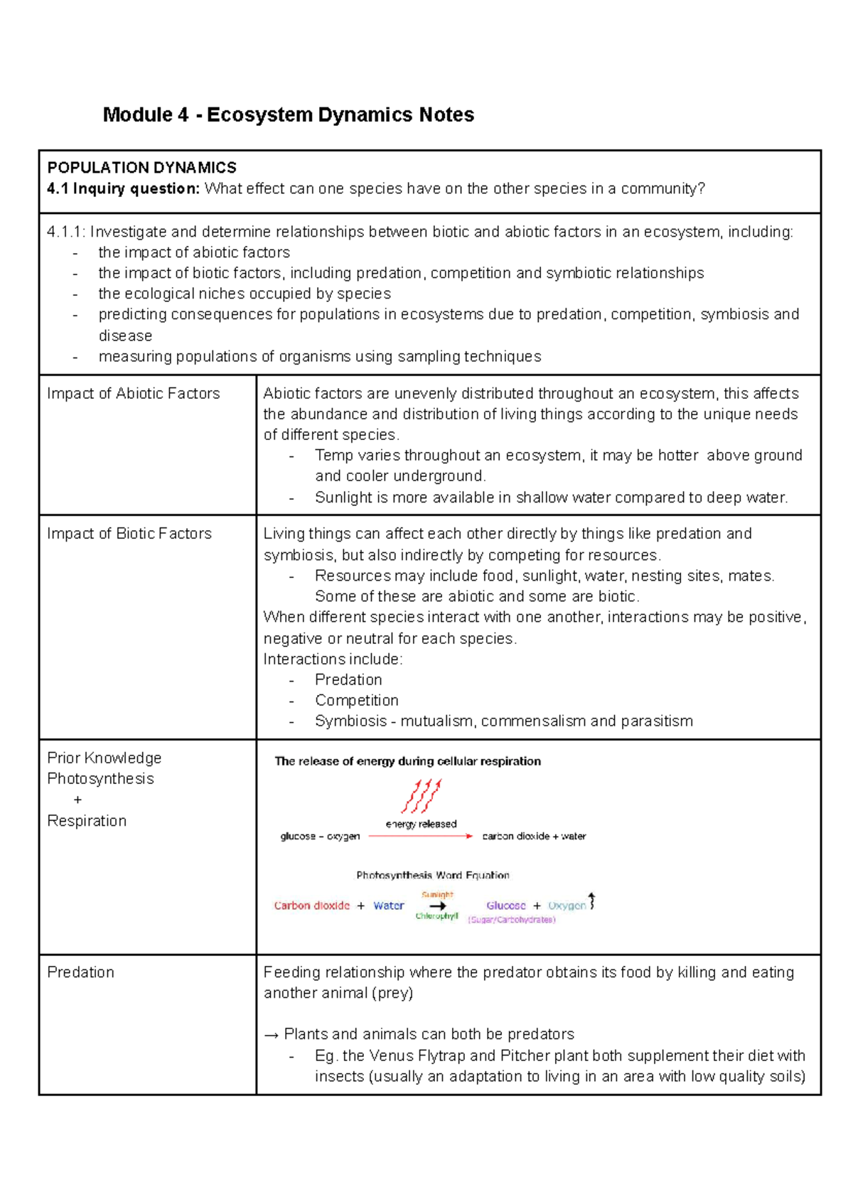 Biology Module 4: Ecosystem Dynamics and Population Interactions Notes ...